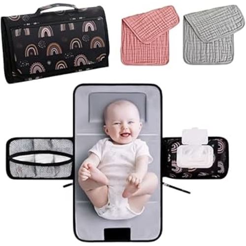 Portable Diaper Changing Station, Expandable Baby Diaper Bag, Compact Diaper Changing Travel Bag with Wet Wipe Pocket, Waterproof Baby Travel Station Set with 2 Bibs (Black)