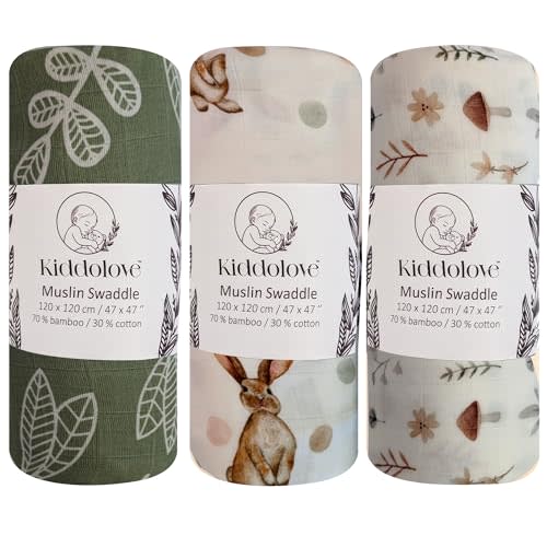 Kiddolove Muslin Swaddle Blankets for Newborns – 3 Pack Soft Baby Blankets for Boys and Girls – Breathable and Gentle – Large 47x47 Inches – Forest – Essentials for Baby Shower, Infant Care