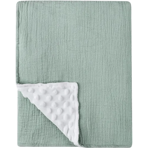 Baby Muslin Blankets for Boys & Girls, Nursery Blankets with Muslin Cotton Front and Dotted Fleece Backing Double Layer Bed Throws, Breathable and Lightweight Receiving Blankets, Green