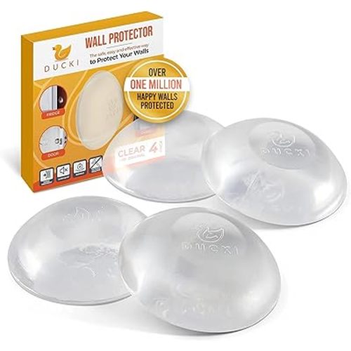 Ducki Door Stop Wall Protector | Self Adhesive Door Knob Wall Protectors from Door Knobs | Rubber Door Stoppers for Wall Damage & Noise | Durable, Shock Absorbent & Discreet | 4 Pack Clear Door Stops
