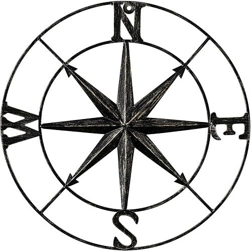DECORKEY 11" Compass Wall Decor Decorative Round Metal Compass Distressed Wall Décor Nautical Wall Decor for Indoor Outdoor Beach House Decor Nursery Decor Lake House