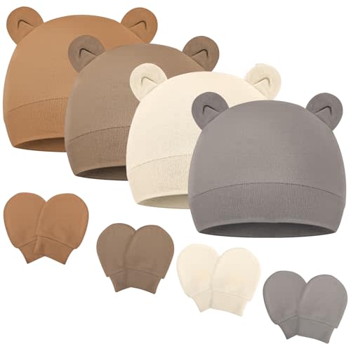 Newborn Baby Hats and Mittens Set Bear Ear Baby Beanie No Scratch Cotton Infant Caps Gloves Newborn Hats for Boys Girls