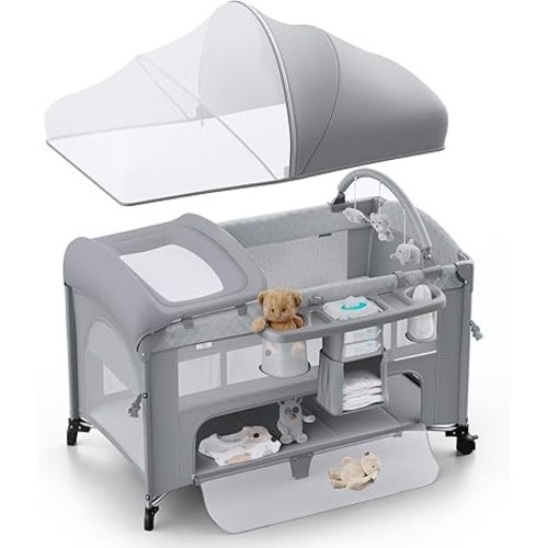 4 in 1 Baby Bassinet, Pack and Play, Bedside Crib Sleeper, Diaper Changer - Comes with Mattress, Mosquito Net，Bottom Storage and Toy Bar for Newborn to Toddles