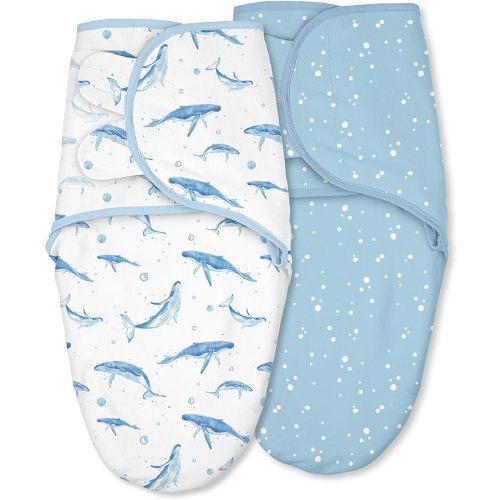 Baby Swaddles for Newborn Organic Cotton,Soft & Snug Newborn Velcro Swaddle 0-3 Months Sleep Sack Helps Calm Startle Reflex, 2-Pack Wrap Nursery Swaddling Blankets Whale