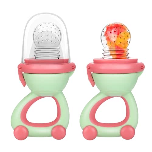 Baby Fruit Food Feeder Pacifier - Fresh Fruit Teething Toy 6M+, BPA Free Safely Introduce Solids Teething Relief Toy Includes Add Silicone Sacs, 2-Pack (Green)