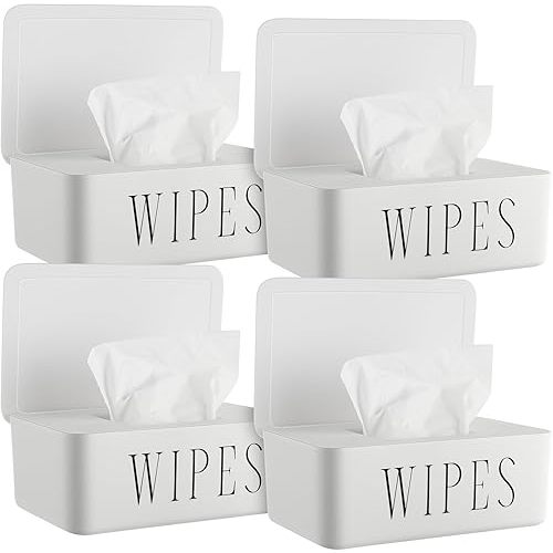 4 Pack Baby Wipes Dispenser Refillable Wipe Holder with Lid Toilet Wipes Container for Bathroom Tissue Paper Storage Box for Home Office (White)