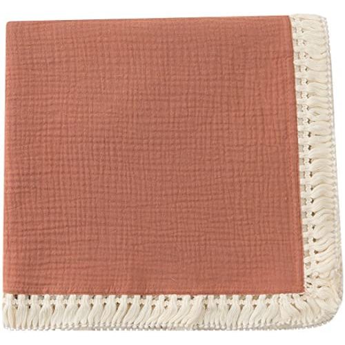 Cotton Muslin Baby Blanket with Tassel,Large 47" x 47" Baby Receiving Blanket with Fringe, Boho Muslin Swaddle Blanket with Fringe, Nursery Decor Throw or Nursing Fringed Blankets (Color A)