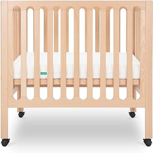 Newton Baby Galileo Mini Crib Solid Beech Wood with Wheels in Natural Color, Mini Crib Mattress Included, Adjustable Mattress Height, Ultra-Safe Non-Toxic Finish