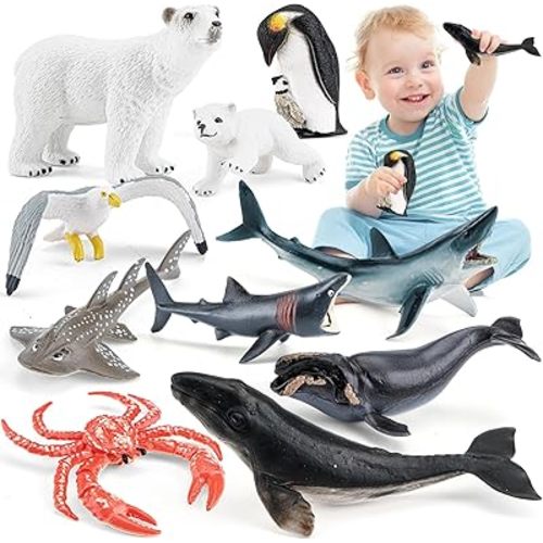 10PCS Polar Animals Figurines, Sea Animal Toys for Kids, Ocean Animal Figurines Toys with Sharks,Whales,Polar Bears,Penguins, Seagull,Crab - Great for Kids' Parties, Gifts & School Projects
