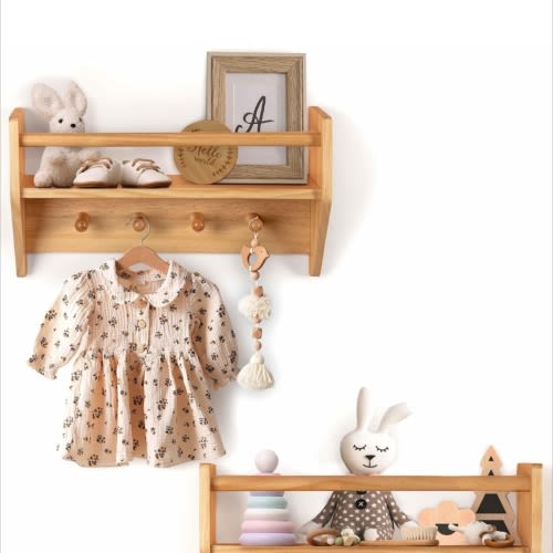 BINGY Nursery Book Shelves - Set of 2 Nursery Wall Shelves with Hooks for Clothes - 2-Tier Nursery Bookshelves Made from Solid Wood - 15.71" x 4.8" x 5.5" - Pine https://a.co/d/iYR1XOm