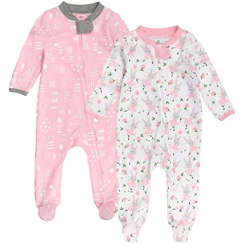 HonestBaby Baby Girls' 2-Pack Sleep and Play Footed Pajamas One-Piece Sleeper Jumpsuit Zip-front Pjs Organic Cotton