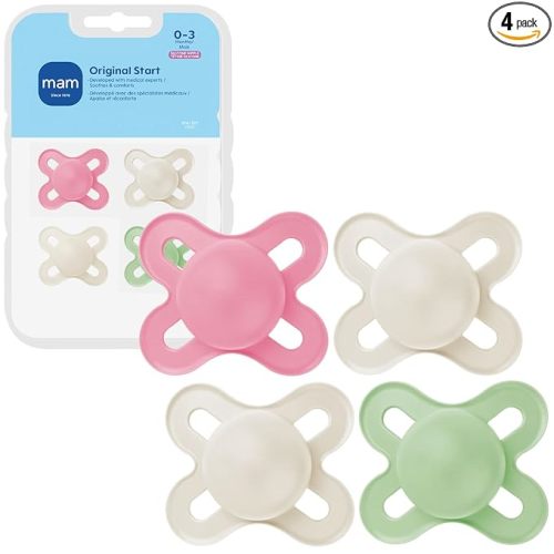 MAM Original Start Baby Pacifiers 0-3 Months, BPA-Free Skin Soft Silicone Nipple, Glows in The Dark, Developed with Medical Experts Specially for Smaller Newborn Mouths, 4 Pk, Made in Europe