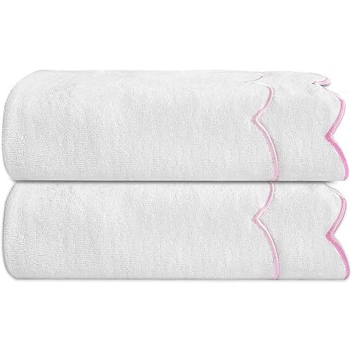100% Cotton Scalloped Hand Towels 600 GSM Embroidered Soft Absorbent Decorative Bath Towels for Bathroom Hotel Spa Yoga Sport Pink 2-Pack 54" L x 27" W