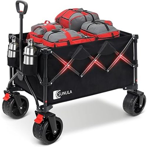 Collapsible Wagon Cart with 440lbs Weight Capacity, Heavy Duty Foldable Wagon with Big All-Terrain Wheels & Drink Holders, Utility Carts for Camping, Garden, Outdoor, Grocery, Sports. Black