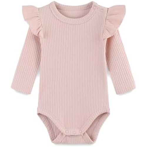 Baby Girl Knit Ruffle Outfit Clothes Ribbed 100% Organic Cotton Solid Color Long Sleeve Romper Clothes 0~24M