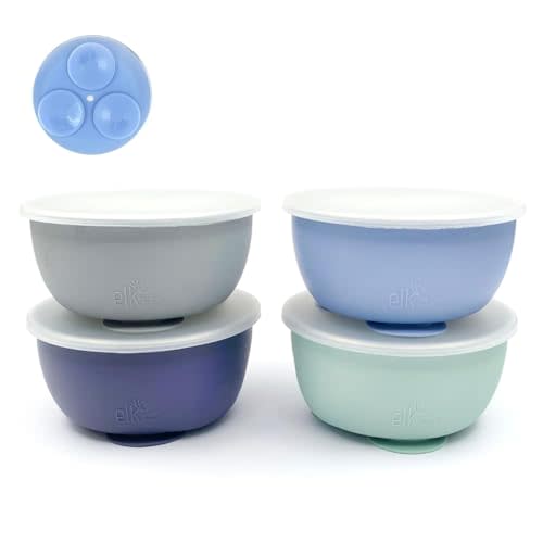 Elk and Friends Stainless Steel Bowls with Silicone Sleeve for Babies & Toddlers | Lids Included | Stay Put Suction | Cereal & Snack Bowls | 4 Pack