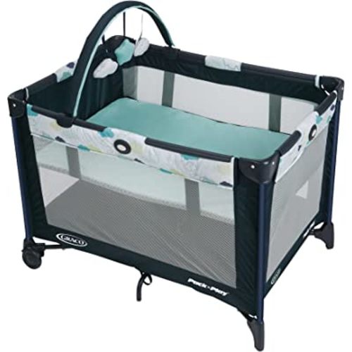 Graco Pack and Play On the Go Playard | Includes Full-Size Infant Bassinet, Push Button Compact Fold, Stratus , 39.5x28.25x29 Inch (Pack of 1)