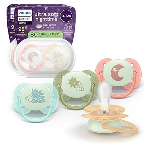 Philips Avent Ultra Soft Nighttime Pacifiers - for Babies 0-6 Months, Glow in the Dark, Flexible Shield, Symmetrical Silicone Nipple, BPA-Free, Sterilizing Cases, 4 Pack, SCF094/07