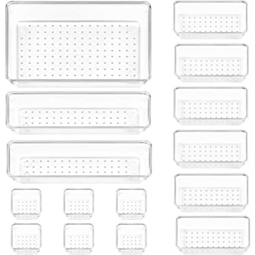 Vtopmart 15 PCS Clear Plastic Drawer Organizers Set, 4-Size Versatile Bathroom and Vanity Drawer Organizer Trays, Storage Bins for Makeup, Bedroom, Kitchen Gadgets Utensils and Office