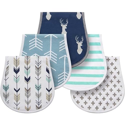 Little Tots Burp Cloths 100% Cotton Baby Burp Set, Absorbent & Soft Burping Cloth Newborn Towel for Newborns & Babies Boys & Girls Unisex 5 Pack (Flying Sky) (Elk in Blue)