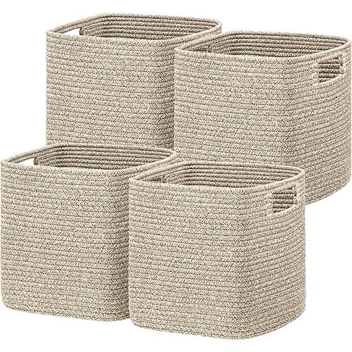 UBBCARE Set of 4 Storage Basket-12 X 12 X 12 in, Cotton Rope Basket for Shelves, Toys, Book, Cube Storage Bins with Handles, Woven Storage Basket for Organizing, Mix-Brown