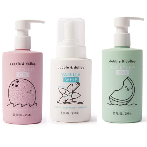 Dabble & Dollop Beachy Bundle, Natural Bubble Bath, Body Wash, Shampoo for Kids, USA-Made, Paraben & Sulfate Free, Vegan, Gluten-Free, Tear-Free, Honeydew Melon, Vanilla & Coconut (Set of 3)