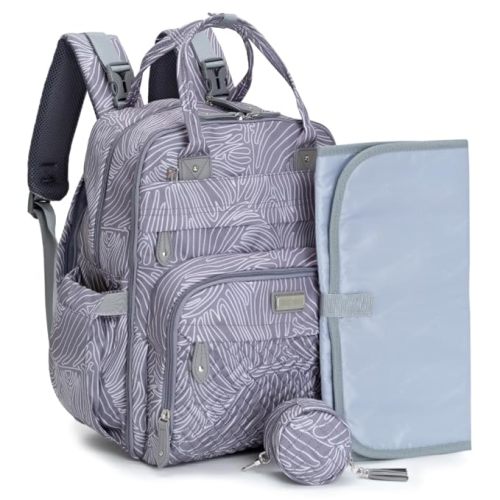 BabbleRoo Diaper Bag Backpack - Baby Essentials, Travel Essentials Baby Bag with Changing Pad, Stroller Straps & Pacifier Case - Unisex, Gray Swirls