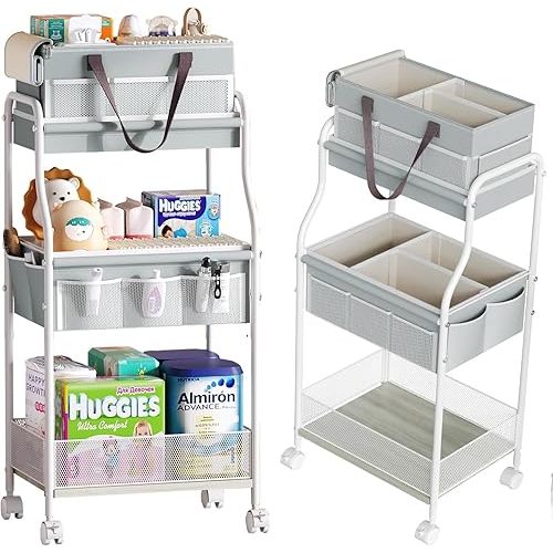 Organizador de pañales 2 en 1 y carrito de almacenamiento, organizadores de pañales rodantes de 3 niveles con divisor y 12 bolsillos, carrito de cabecera para guardería, carrito de utilidad para ropa