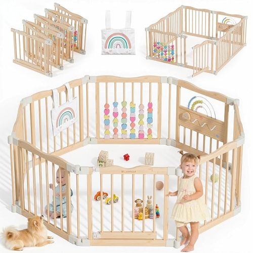 Foldable Wooden Playpen - Adjustable Wood Baby Play Yard with Door, Indoor Large Safety Fence for Babies and Toddlers - Easy Assembly, 8 Panels, Natural Rainbow Dream