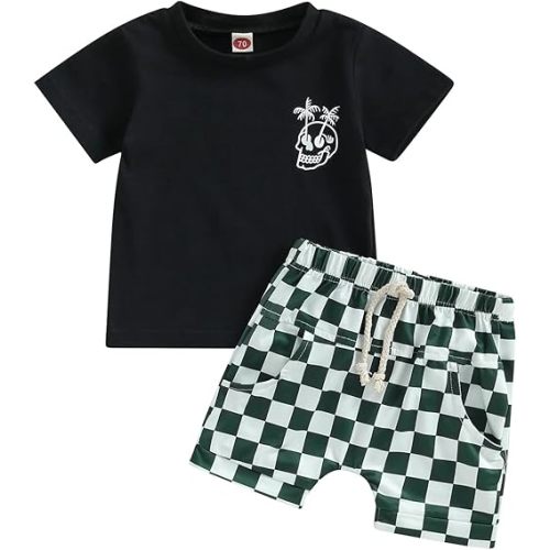 Toddler Baby Boy Summer Clothes Set Short Sleeve Checkered Tops & Shorts Novelty Color Block Outfits