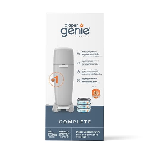 Diaper Genie Complete Diaper Pail (Grey) with Odor Control | Includes 1 Diaper Trash Can, 3 Refill Bags, 1 Carbon Filter, 4 Piece Set
