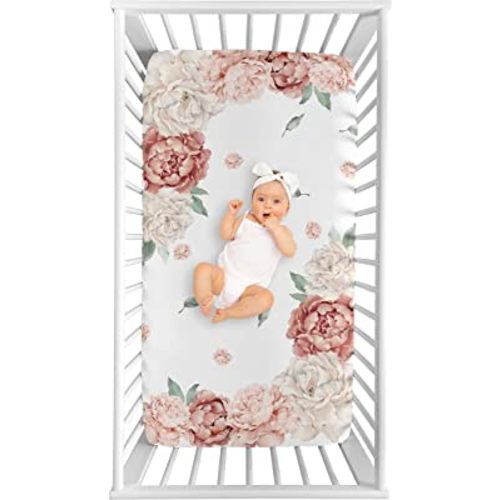 Sweet Jojo Designs Blush Pink Boho Shabby Chic Floral Girl Fitted Crib Sheet Baby Toddler Bed Nursery Photo Op Ivory Bohemian Vintage Garden Watercolor Flower Nature Elegant Pastel Light Dusty Rose