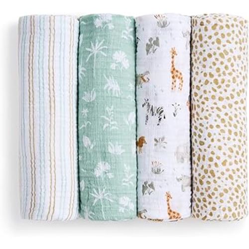 aden + anais Essentials Cotton Muslin Swaddle, Breathable Baby Blanket, Ideal for Boys, Girls, Newborns, Babies & Infants, Receiving Blanket, Soft and Lightweight Wrap, 4 Pack, Giraffe Safari