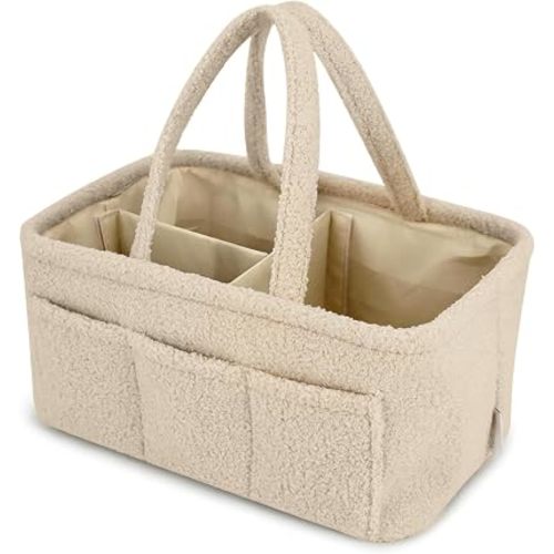 Baby Diaper Caddy Organizer - Soft Beige Sherpa Diaper Storage Bag | Nursery Organizer with 3 Removable Compartments & 6 Side Pockets - Portable Baby Organizer for Diapers,Wipes & Essentials