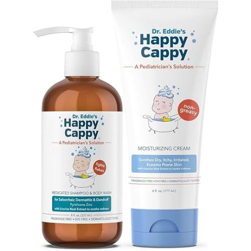 Happy Cappy Medicated Shampoo and Body Wash and Moisturizing Cream Bundle - Baby Dandruff Shampoo, Eczema Lotion for Kids, Helps Cradle Cap and Seborrheic Dermatitis, Reduces Redness, Fragrance-Free