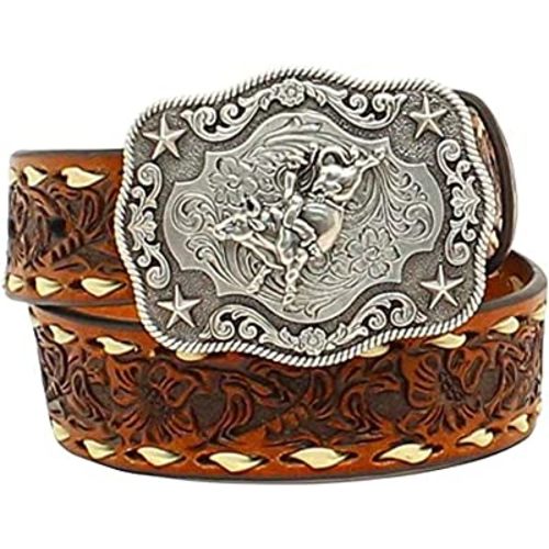 Nocona Boots Boys' 1-1/4" Bull Rider Floral Embossed Leather Western Belt Buckle, Tan, 18
