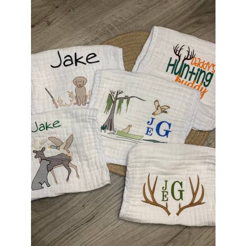 Personalized Baby Burp Cloth Set, Embroidered Cotton Muslin, Hunting Theme
