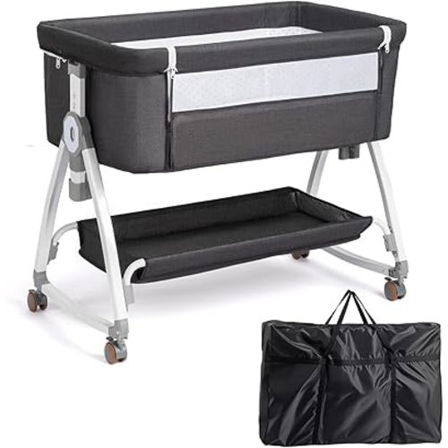 JOYMOR 3 in 1 Baby Bassinet, Bedside Bassinet for Baby, with Comfy Mattress and Wheels, 6 Height Adjustable Easy Folding Portable Bedside Crib for Newborn (Black)