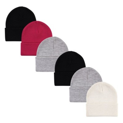 Hudson Baby Infant Girl 6Pc Knit Cuffed Beanies, Dark Pink Cream Black, Infant Toddler