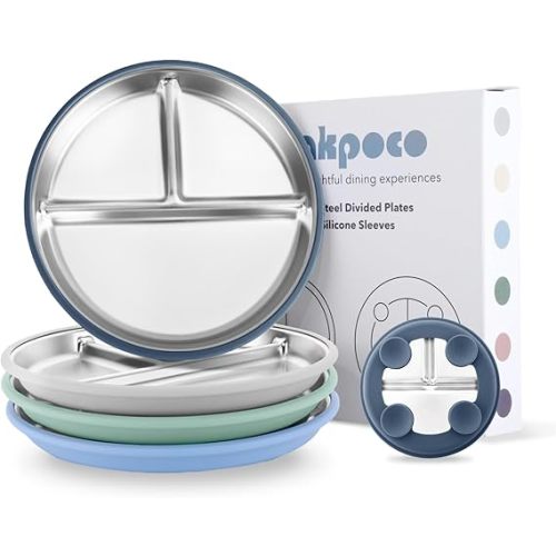 Stainless Steel Suction Plates for Toddlers, 9" Divided Kids Baby Plates with Removable Silicone Suction, Non Toxic Non Slip Portion Control Snack Dishes 4 Packs, Blue Gray Navy Sage
