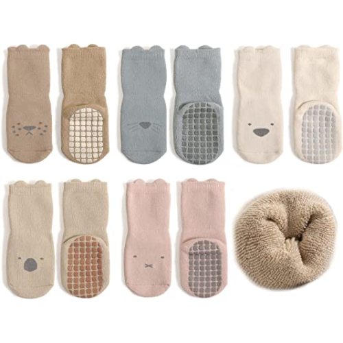 Exegawe Baby Non Slip Socks Winter 5 Pairs Kid Thick Warm Crew Socks with Grips