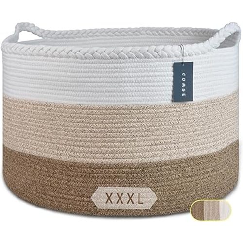 COMSE Extra Large Blanket Basket, Woven Laundry Basket, 21.7”x 13.8”, Nursery Hamper, Cotton Rope Laundry Hamper Living Room for Storage Toys Clothes Towels (White & Gradient Brown)