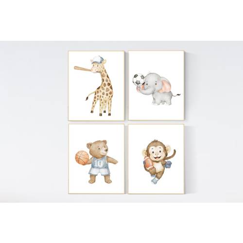 Sports nursery decor, Baby Animals Sport, Baby boy sports nursery, Safari nursery, baseball, football, soccer, basketball, sports animals