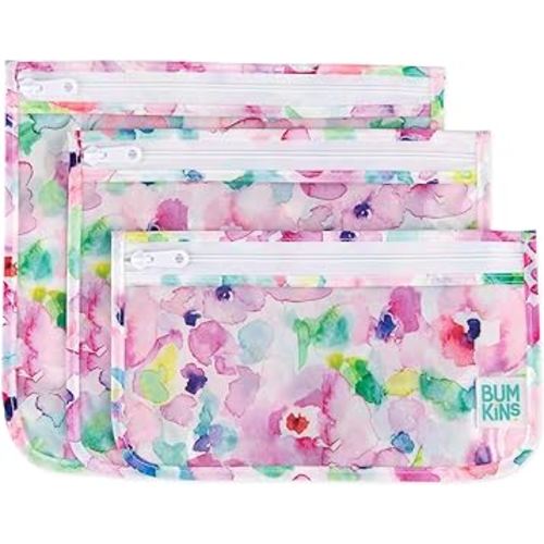 Bumkins Travel Bag, Toiletry, TSA Approved Pouch, Zip Bag, Quart Size Airline Compliant, Clear-Sided, Baby, Diaper Bag Organization, Makeup, Accessories, Packing, Set of 3 Sizes, Watercolors Floral