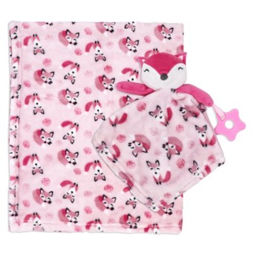 buba baby Boys and Girls Blanket with Nunu and Teether, Pink Fox