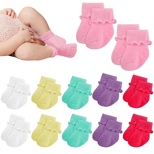 Toulite 12 Pairs Preemie Socks Girls and Boys Premature Ruffle Turn Cuff Cotton Socks Hospital Nicu
