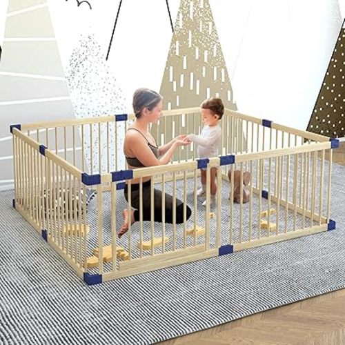 Wooden Baby Playpen with Safety Gate, 78.7"x70.9" Extra Large Playpen for Toddlers, Twins & Children, 100% Natural Wood