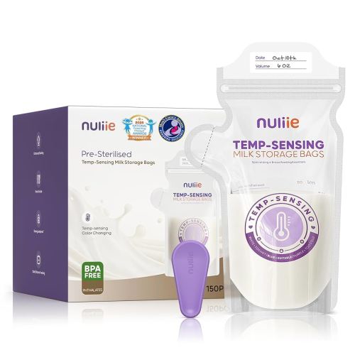 Nuliie 150pcs Temp-Sensing Breastmilk Storage Bag, Huge Temp-Sensing Icon & Locking Clamp, 6oz Breast Milk Storage Bags Freezer Pour Spout, Self Standing Milk Storage Bags Breastmilk, BPA-Free No-Leak