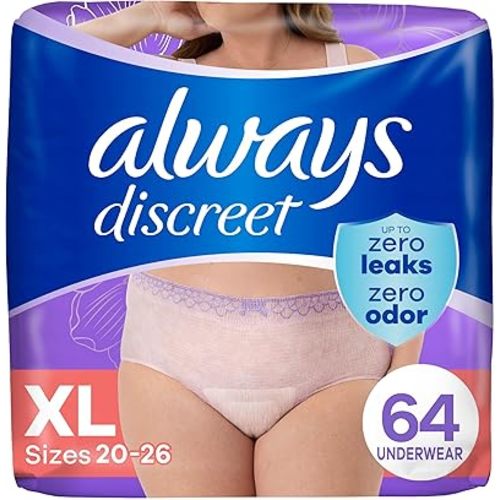 Always Discreet Adult Incontinence Underwear for Women and Postpartum Underwear, XL, Up to 100% Bladder Leak Protection, 64 Count (Packaging May Vary)