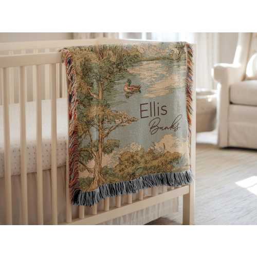 Woodland Nursery Decor Personalized Mallard Duck Woven Blanket Vintage Design Throw Heirloom Keepsake Baby Boy Shower Gift Southern Room